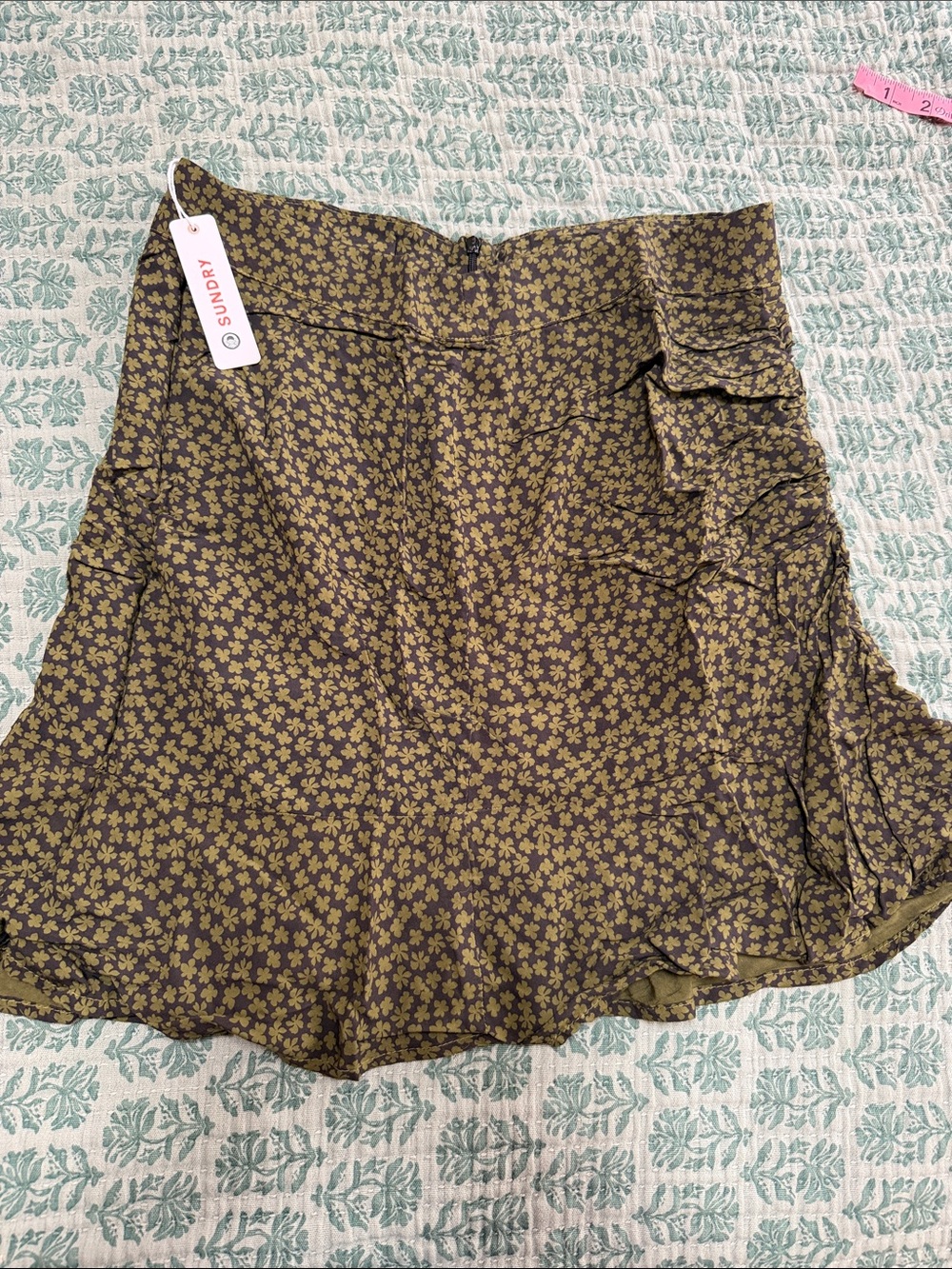 Sundry Olive Green Floral Ruffle Skater Skirt